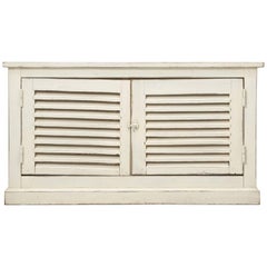 Vintage Country French Louvered Cabinet, Low Buffet Distressed White Paint From Brittany