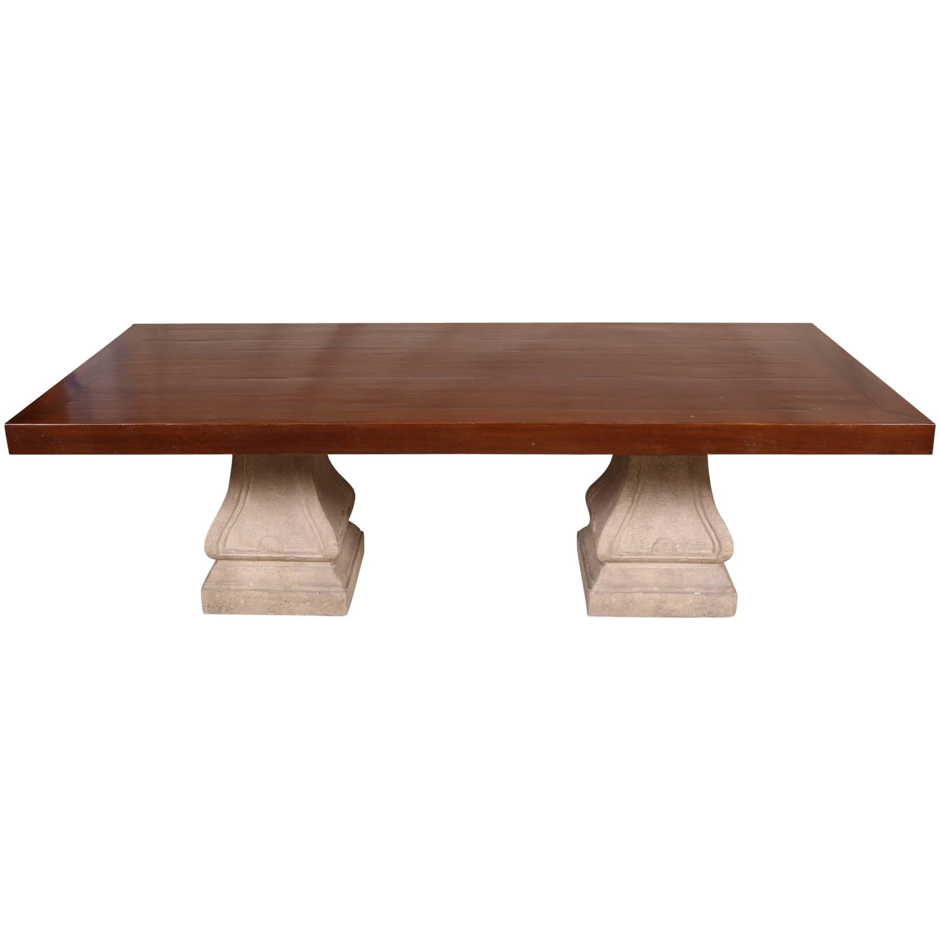 Large-Scale Oak and Cast Stone Pedestal Dining Table