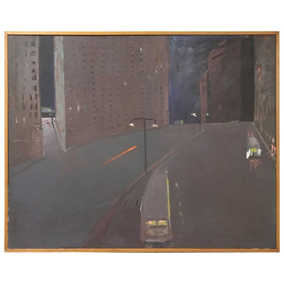 Andrew Browne, huile massive sur toile, paysage urbain de nuit