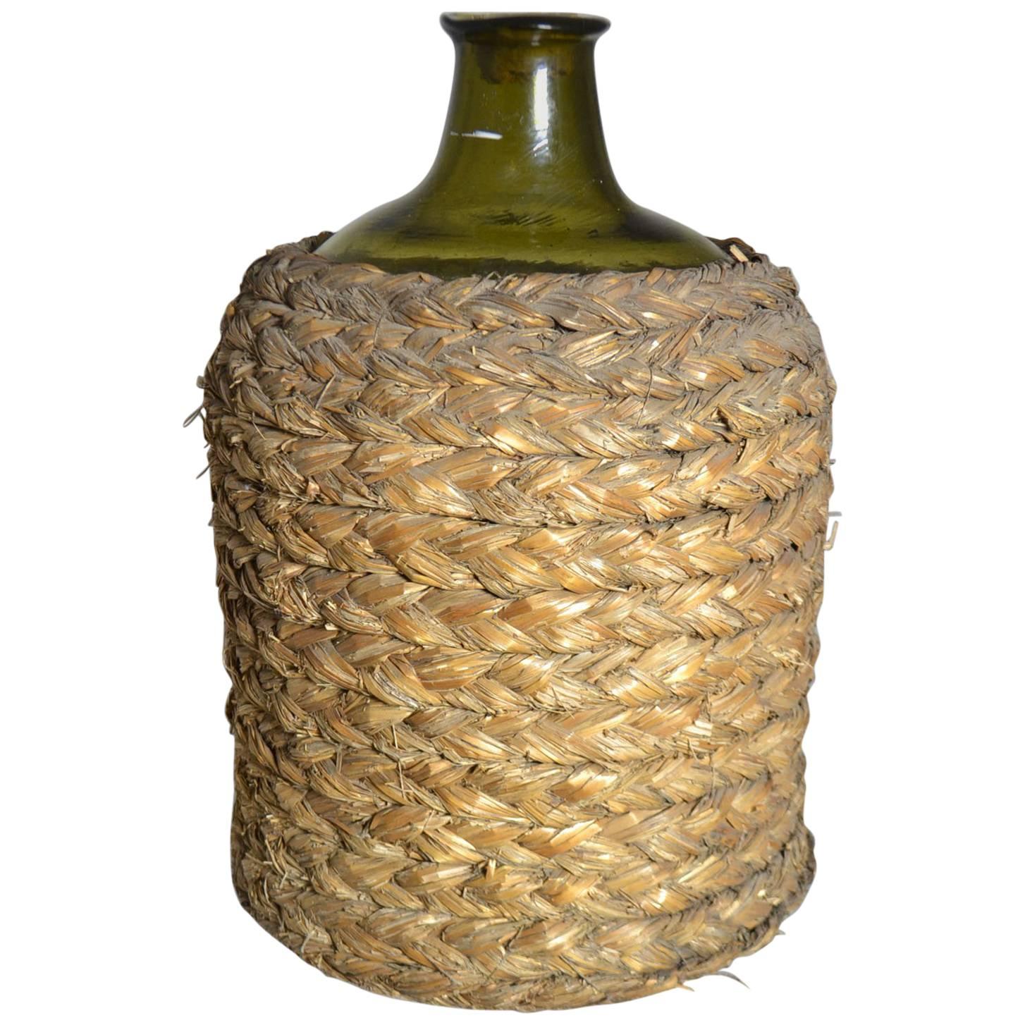 19th Century Mouth Blown Wine Bottle with Basket For Sale