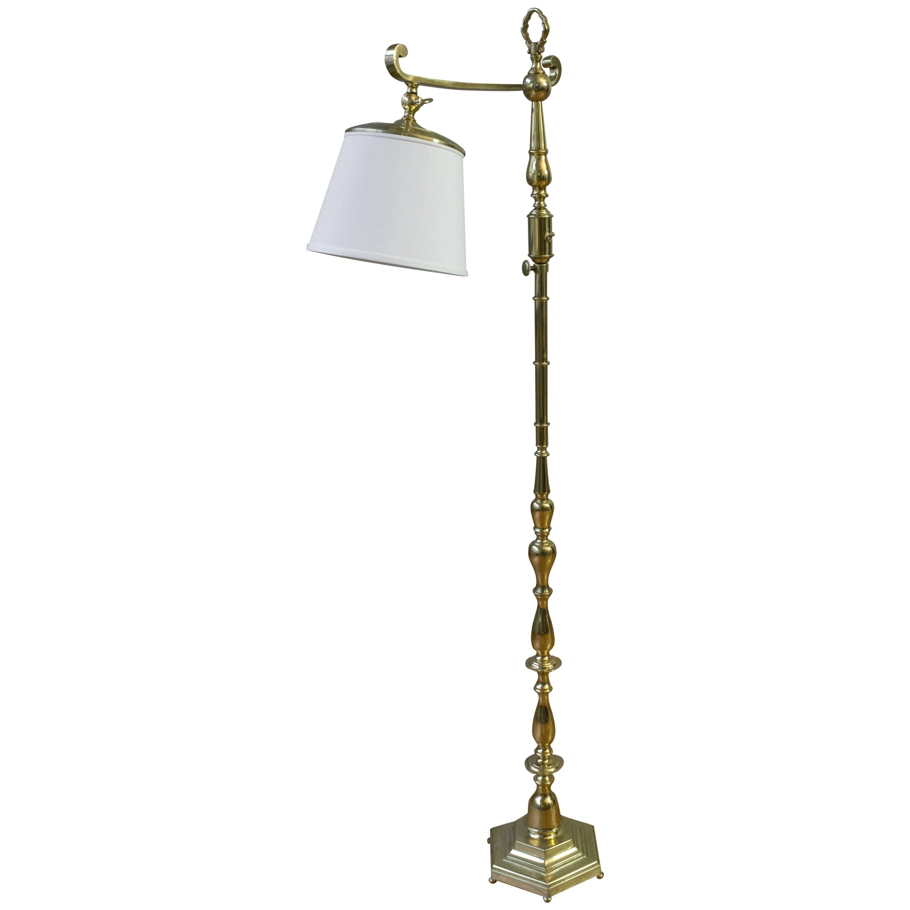 Polished Brass Reading Floor Lamp with an Octagonal Base