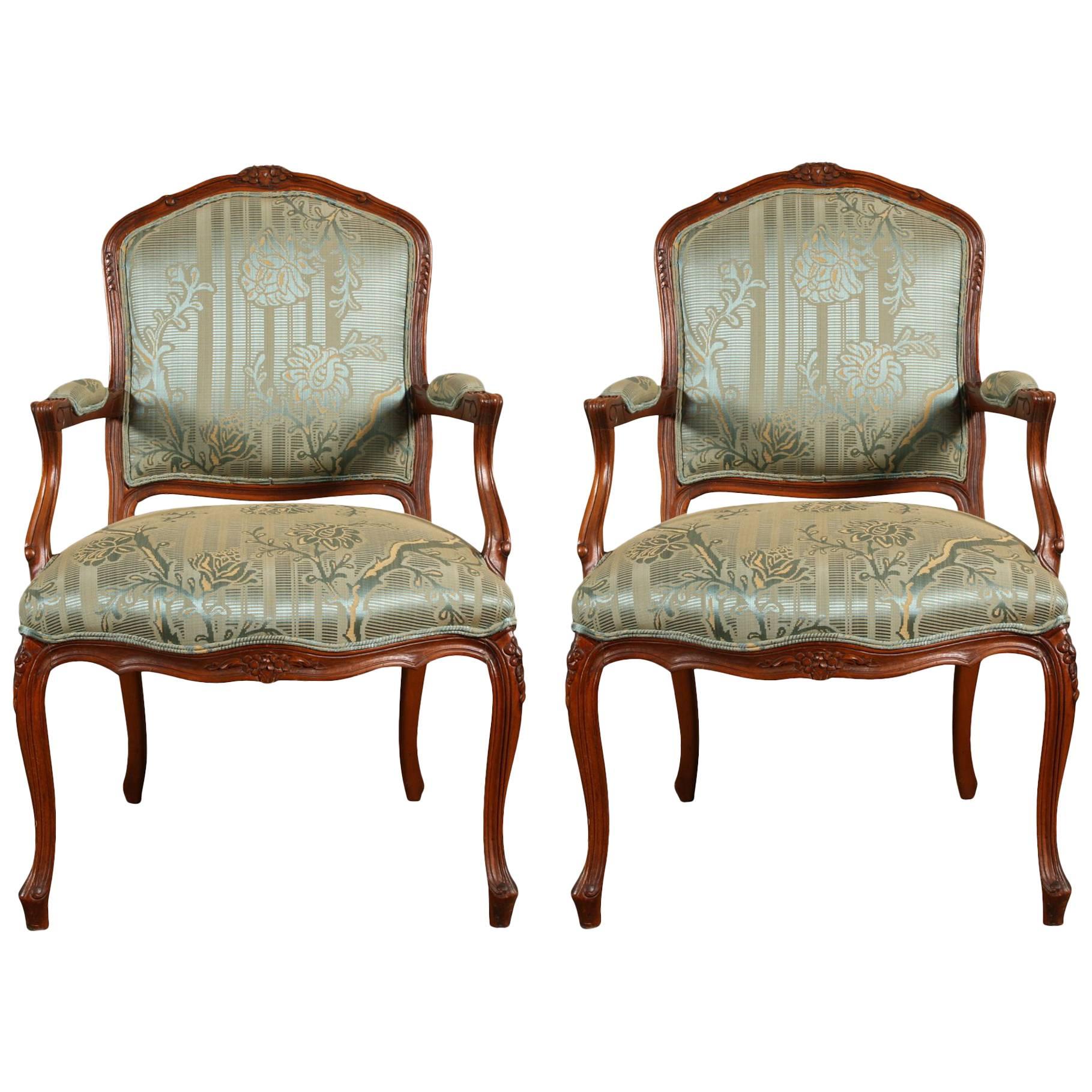 Pair of Carved French Open Armchairs