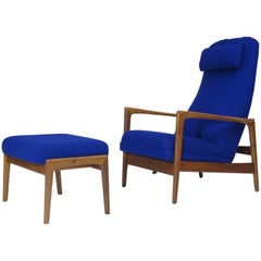 Folke Ohlsson for DUX Walnut Rocking Lounge Chair in Cobalt Blue Wool