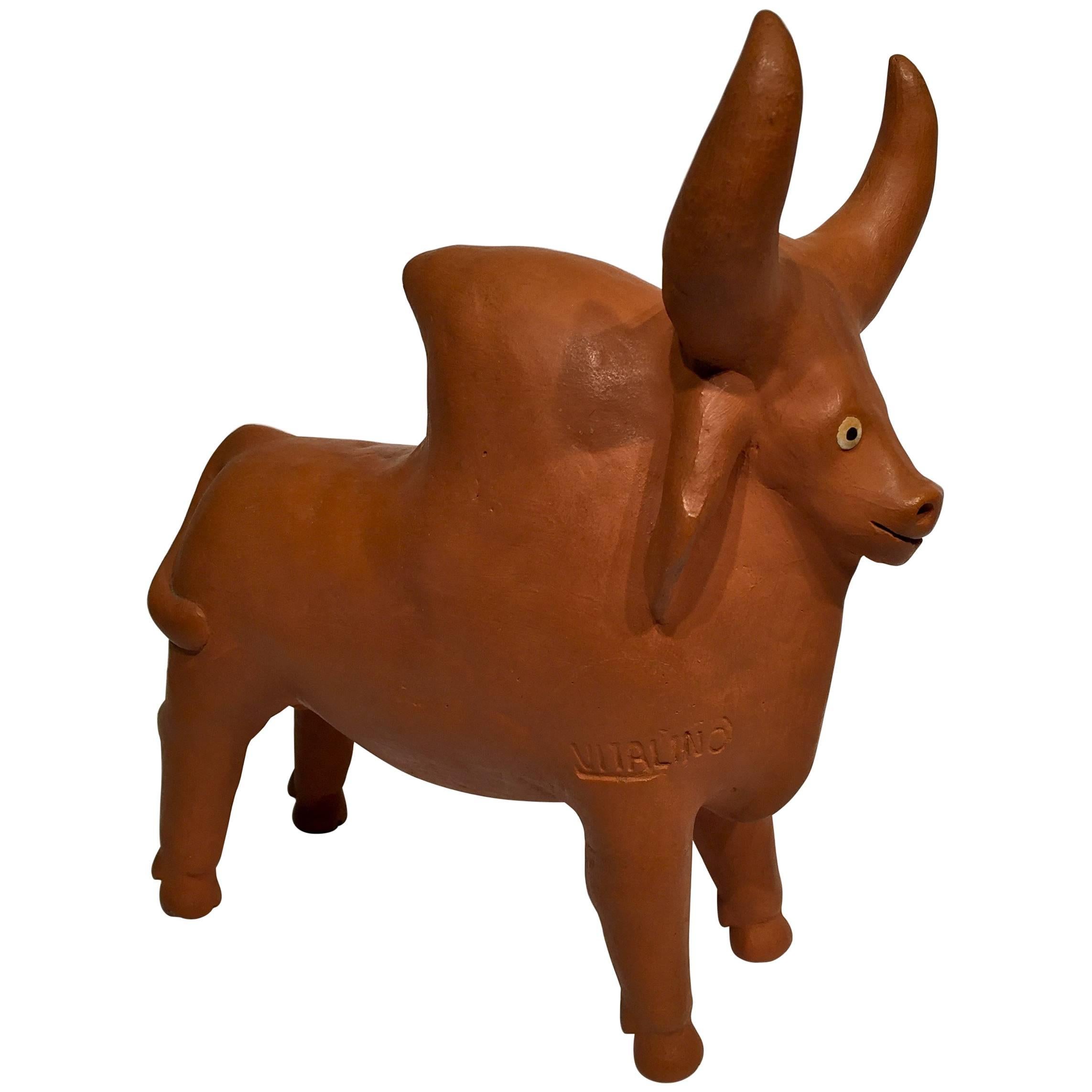 VITALINO Brazilian Craftsman Terracotta Bull, circa 1950 For Sale