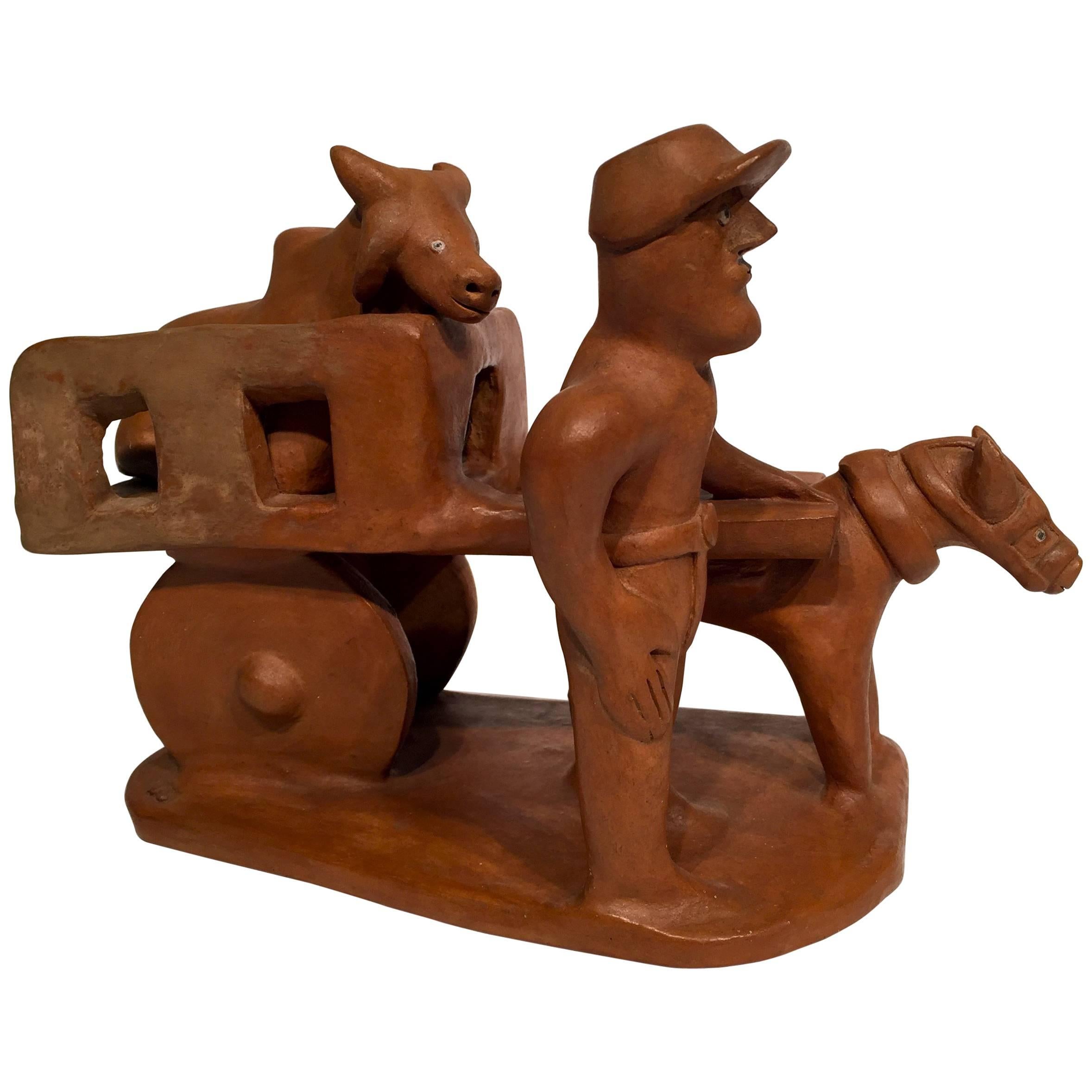 VITALINO Brazilian Craftsman Terracotta "Ox in the Cart", circa 1950 For Sale