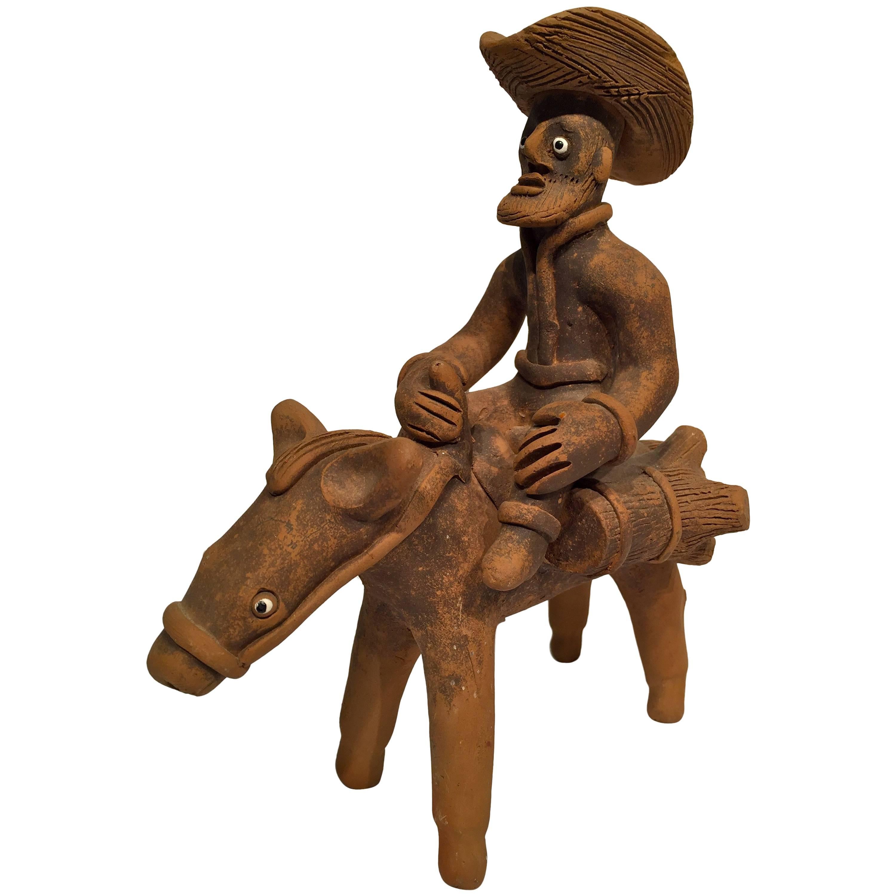 GENIVALDO Brazilian Craftsman Terracotta "Woodcutter on Horseback", circa 1950 For Sale