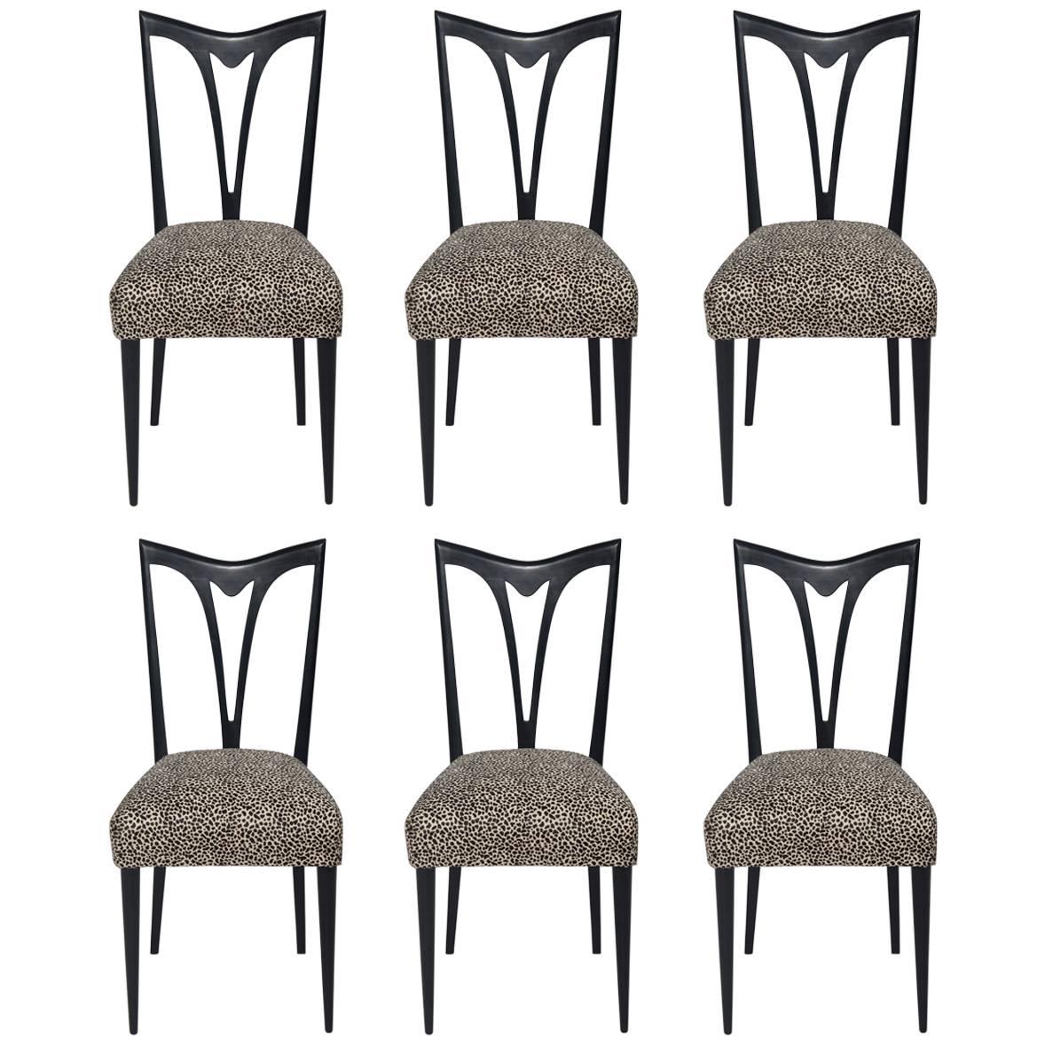 Set of Six Italian Ebonized Dining Chairs with Leopard Print Hair Hide Seats