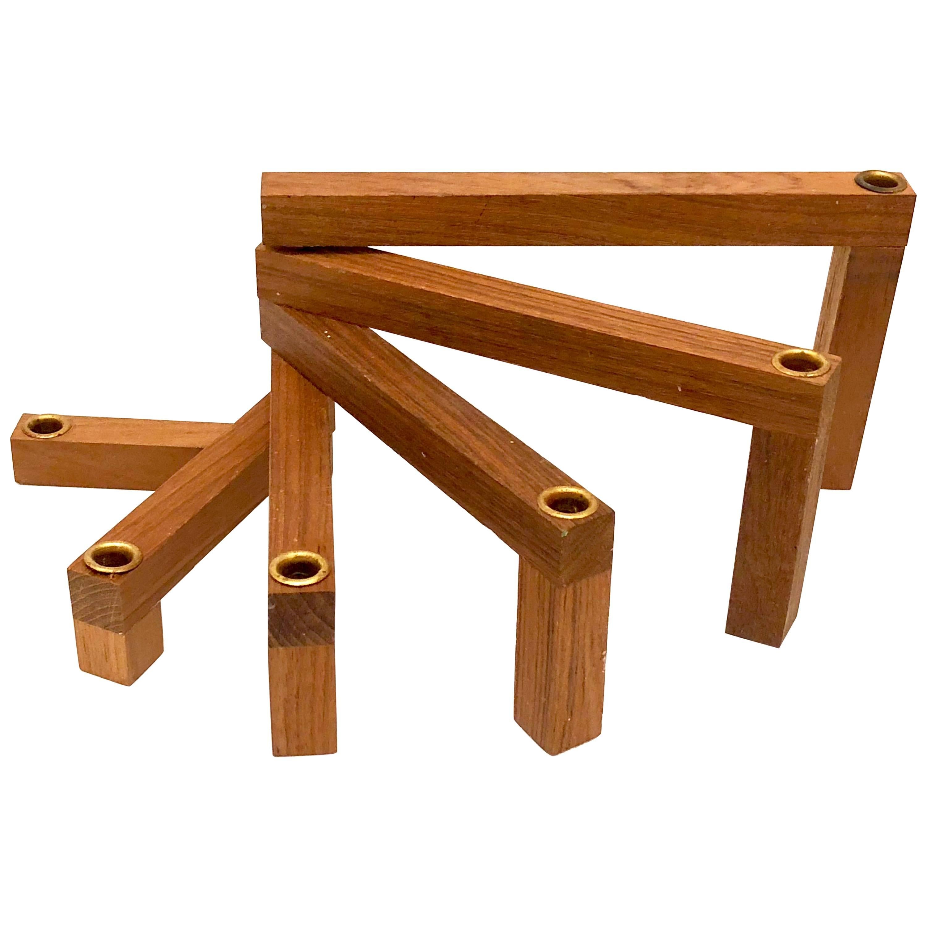 Danish Modern Solid Teak and Brass Rings Multiposition Candleholder