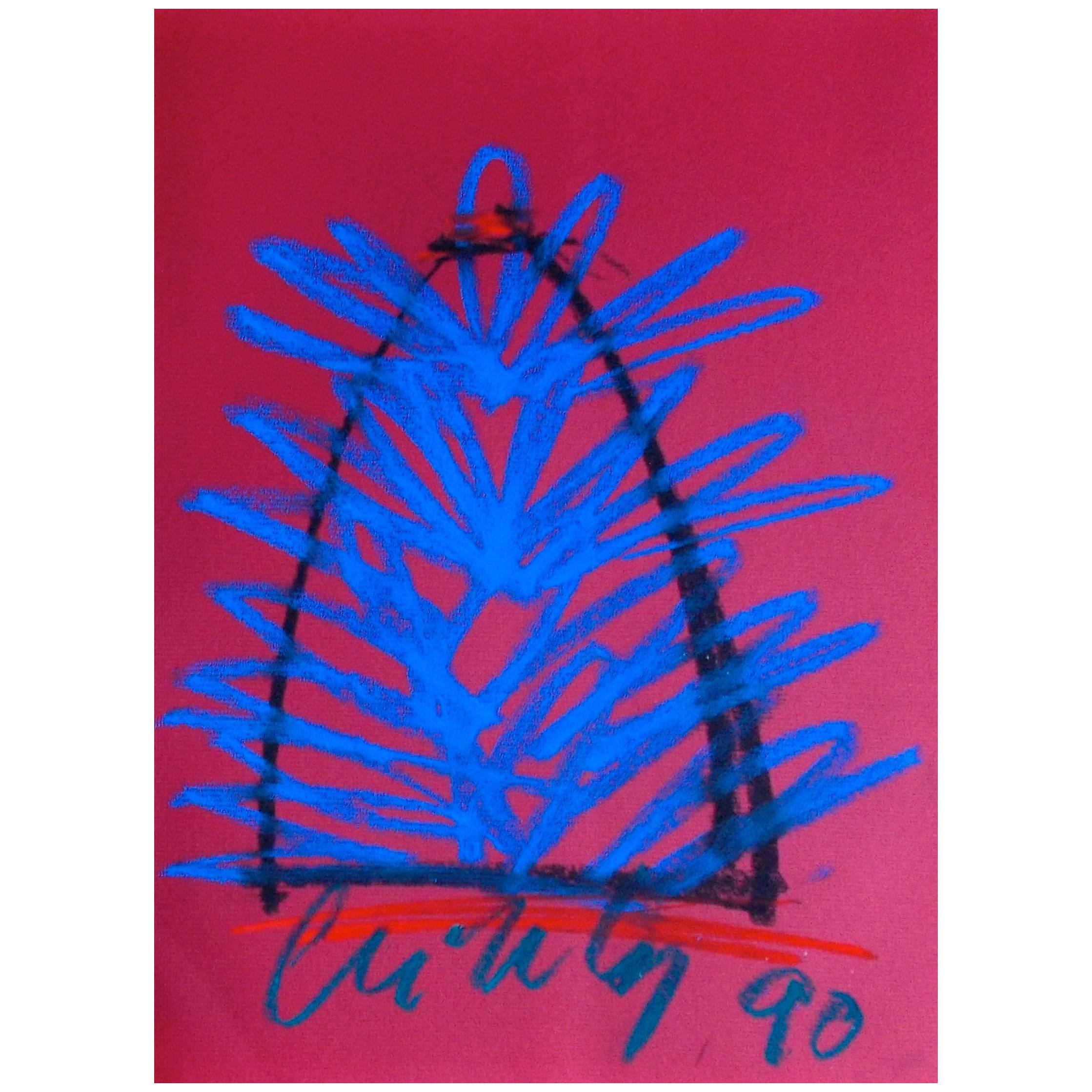 An unique and original oil stick drawing of a glass piece by Dale Chihuly (1941) on the red end paper of his 1990 limited edition book 