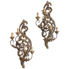 Antique Pair of Italian Mecca Silver Giltwood and Tole Sconces