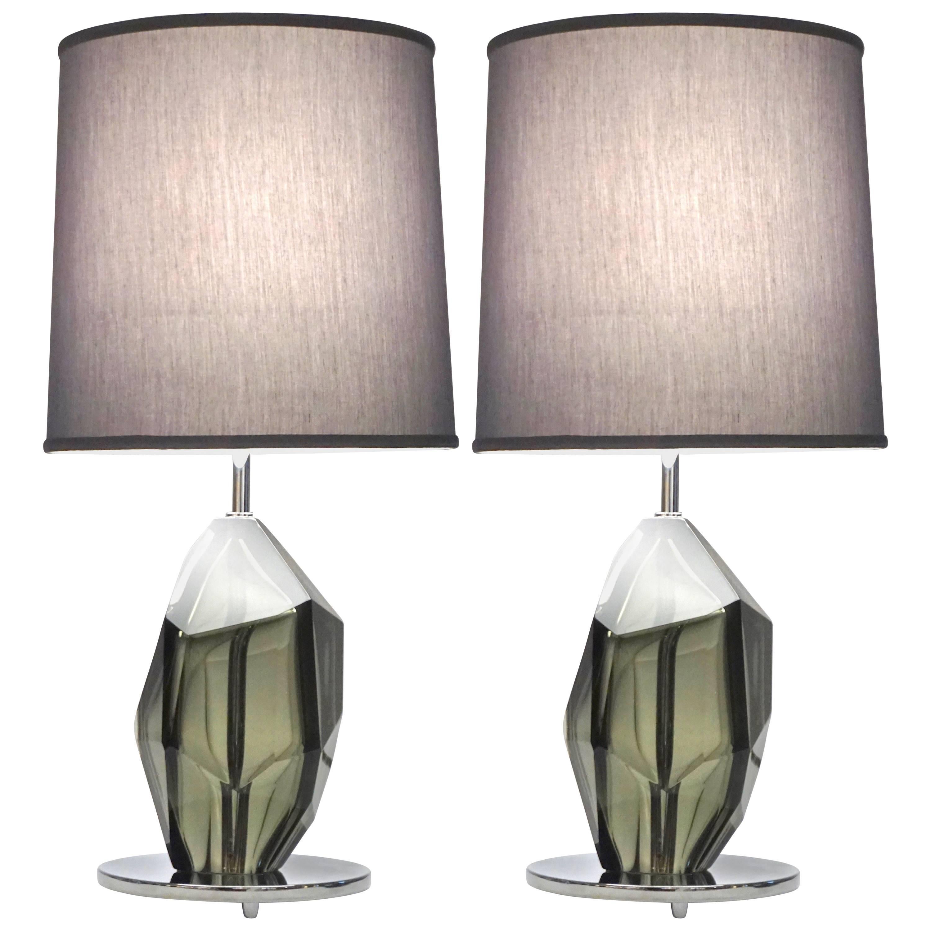 Donà Contemporary Italian Pair of Faceted Solid Rock Smoked Murano Glass Lamps