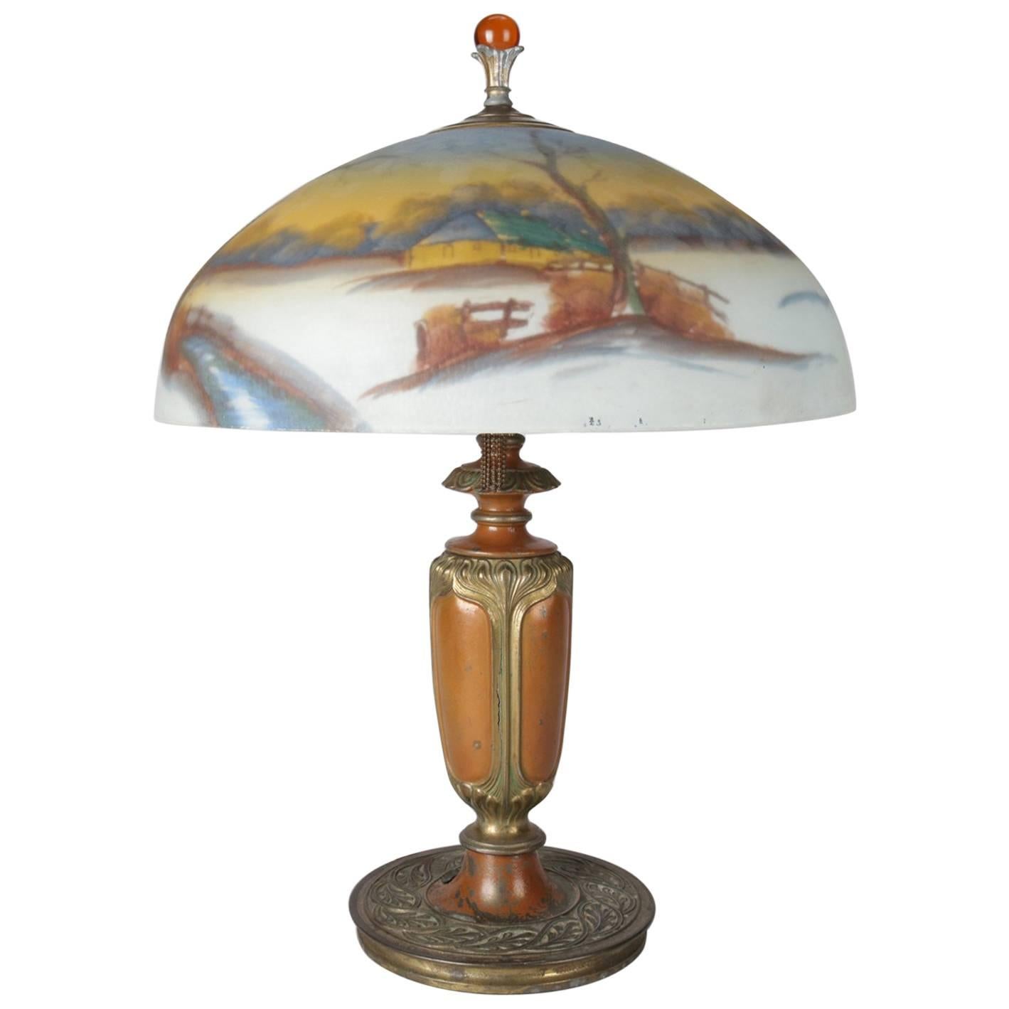 Arts & Crafts Pittsburgh School Gilt and Coppered Reverse Painted Table Lamp