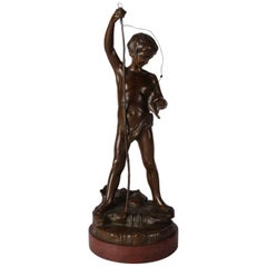 Antique Figural Bronze Sculpture of Boy Fishing Signed A. Rupell, 19th Century