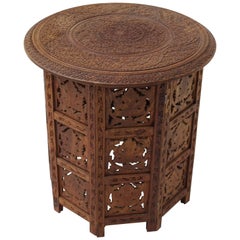 Pierced Carving Teak Round Folding Side Occasional Table
