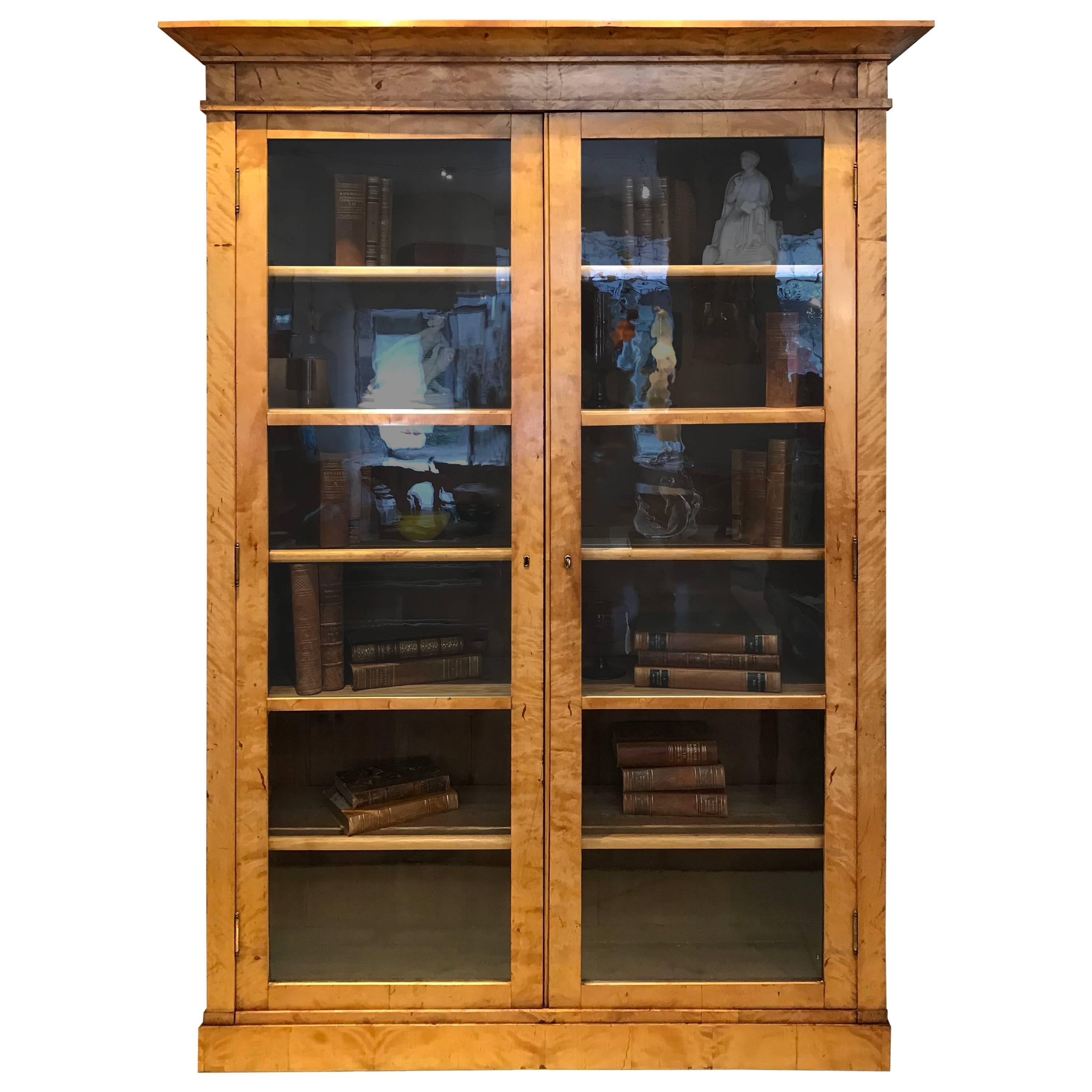 Biedermeier Glass Door Bookcase of Flame Birch For Sale