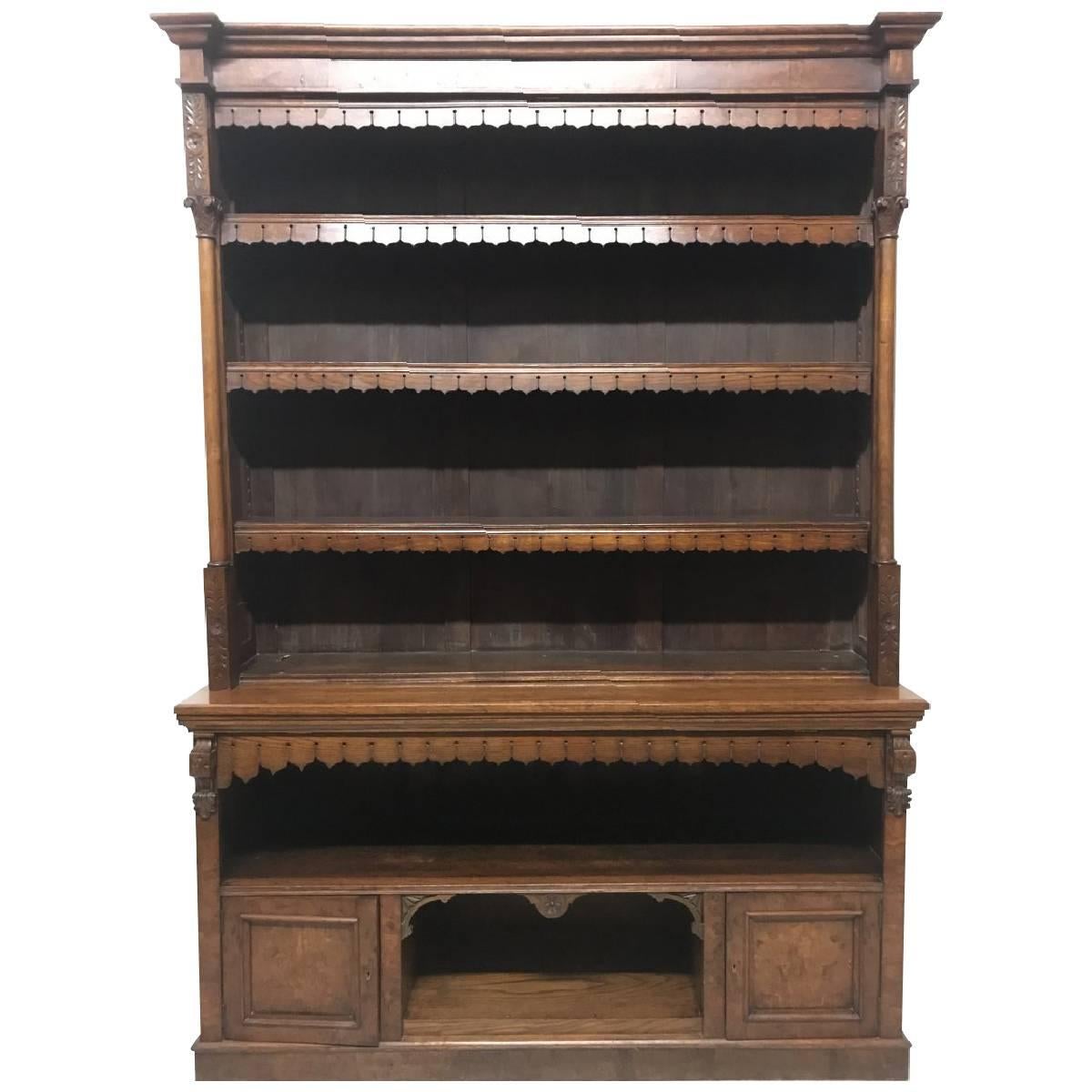 Pugin Style Large Gothic Revival Oak & Burr Oak Bookcase with Corinthian Columns For Sale
