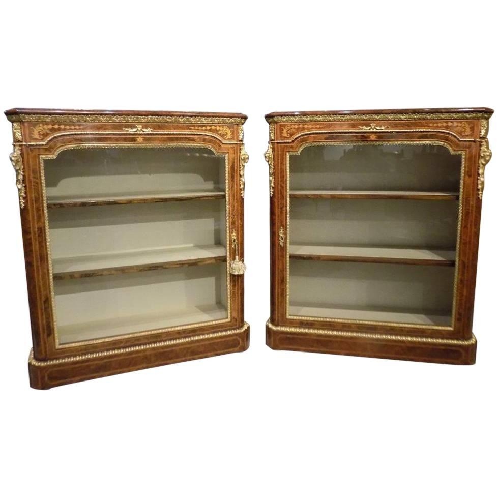 Superb Pair of Victorian Period Burr Walnut and Marquetry Inlaid Pier Cabinets For Sale