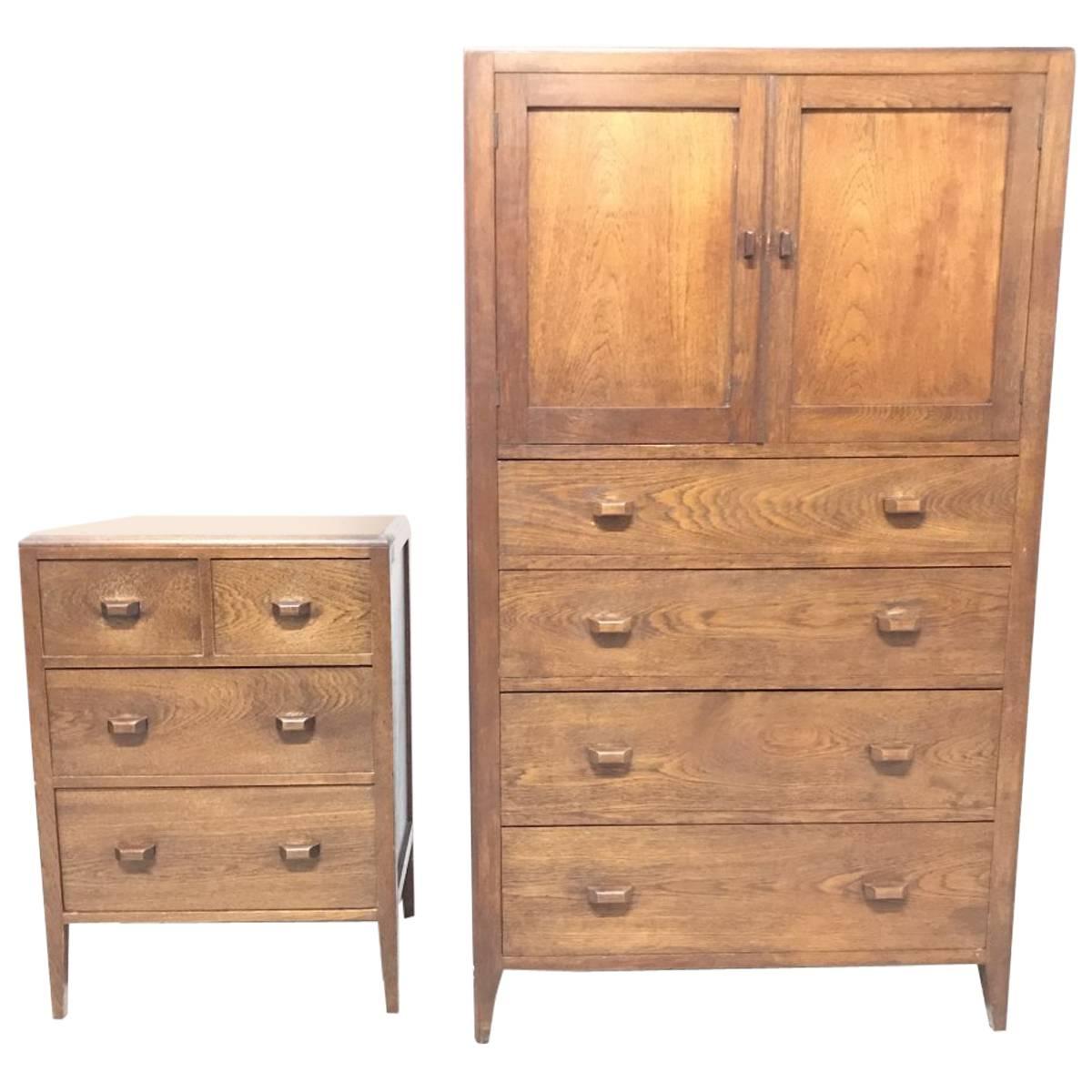 Betty Joel Attri Arts & Crafts Oak Tallboy and Matching Petite Chest of Drawers For Sale