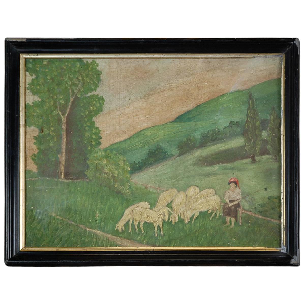 Naive 19th Century Oil on Canvas Mary and Lambs