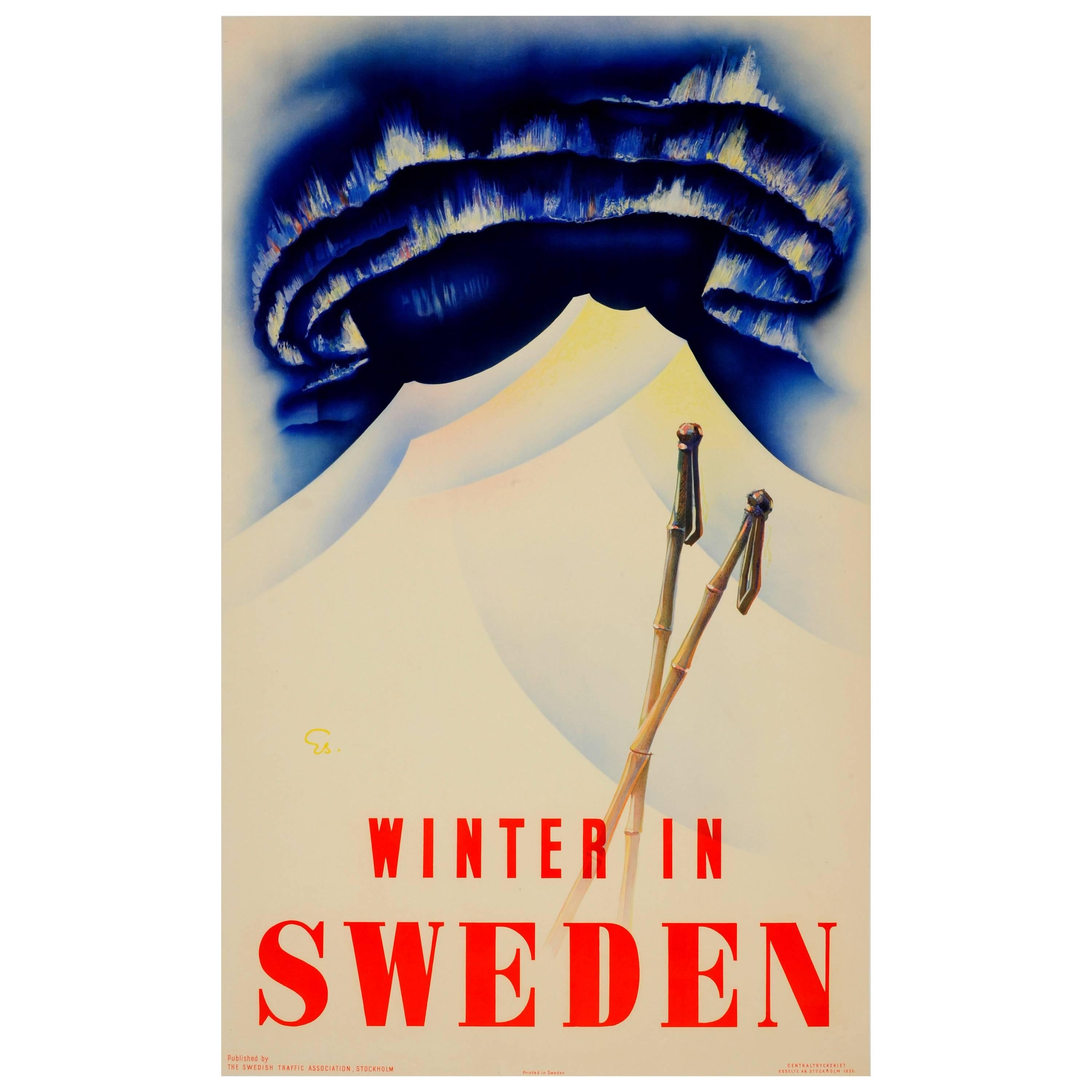 Original Vintage Ski Sport Poster Featuring The Northern Lights Winter in Sweden