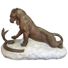 Early 20th Century Tiger and Snake Fighting Bronze Signed by Robert Bousquet