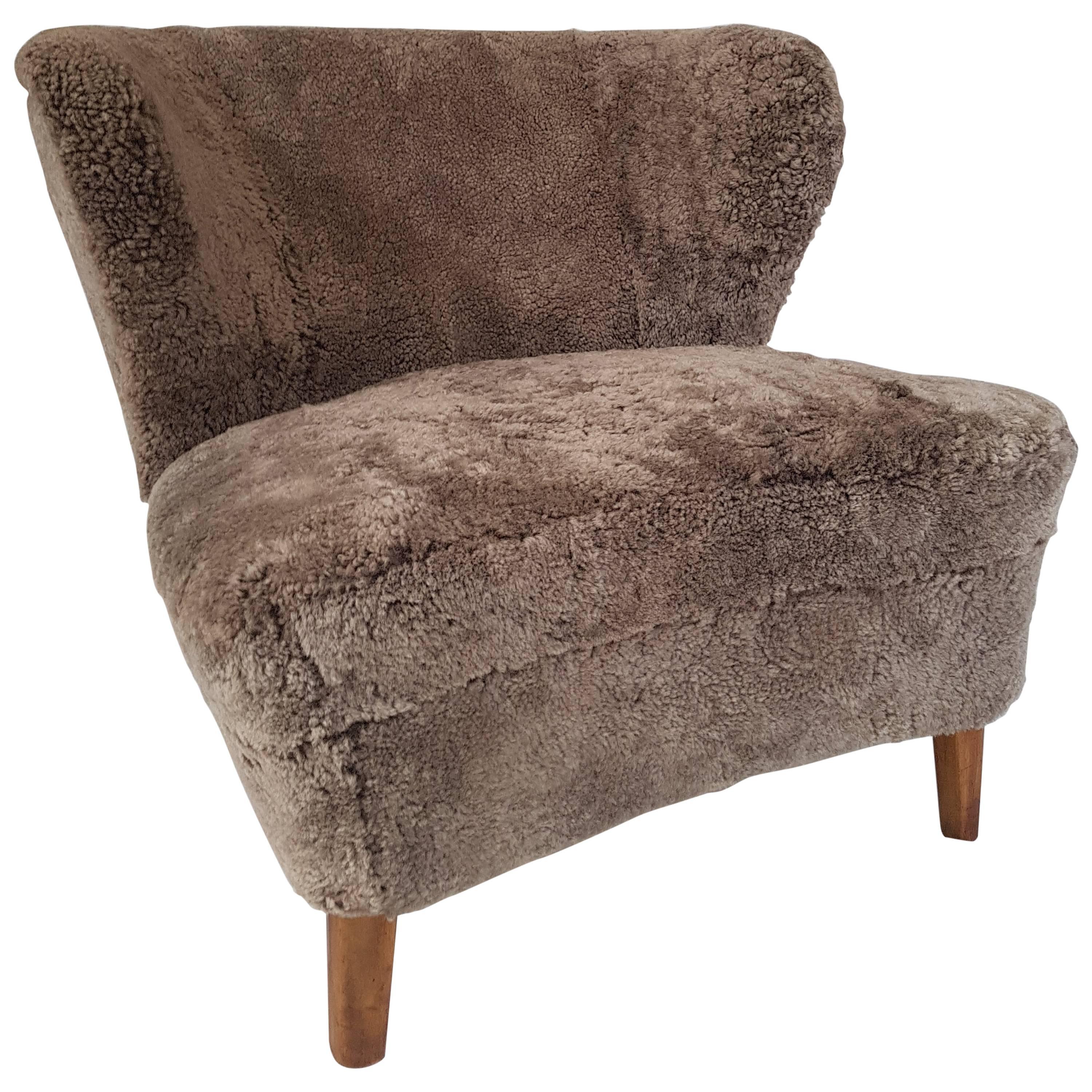 Armchair Gosta Jonsson, circa 1940, Curly Shearling Upholstery