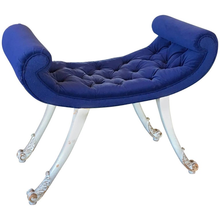 Light Grey Painted Stool Ottoman, Navy Blue Capitonne Seat, English