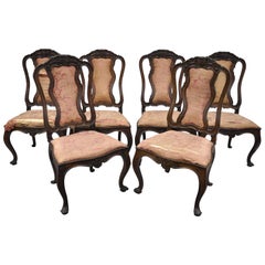 Set of Six Antique Italian Baroque Carved Walnut French Style Dining Chairs