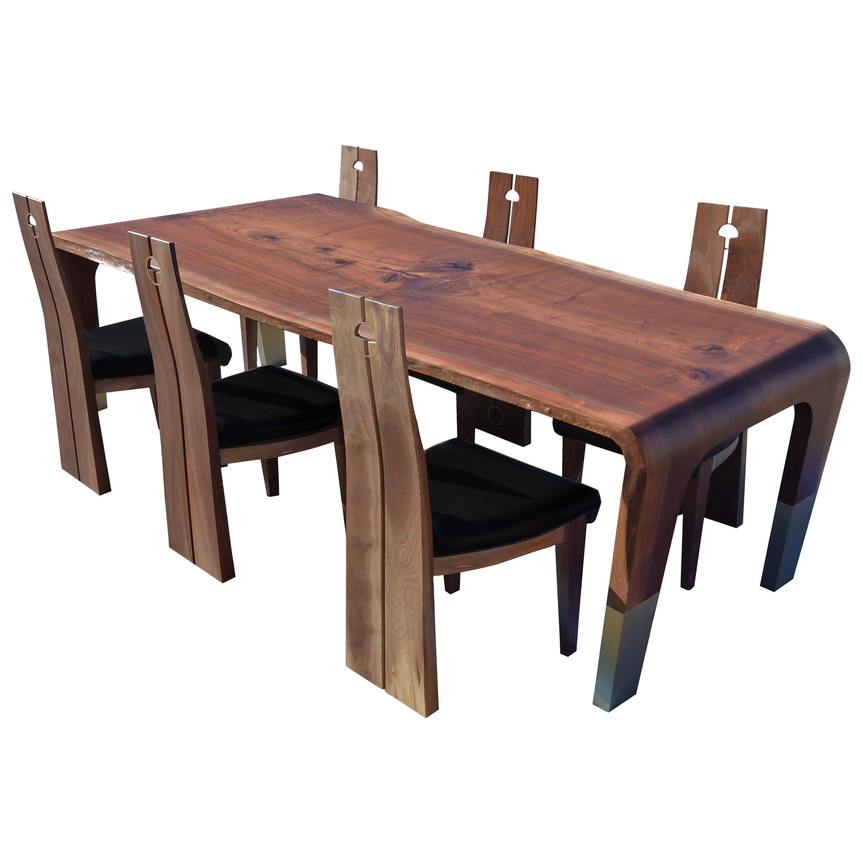 oneTree Walnut Slab Dining Table and Chairs with Bronze Leg and Key Detail For Sale