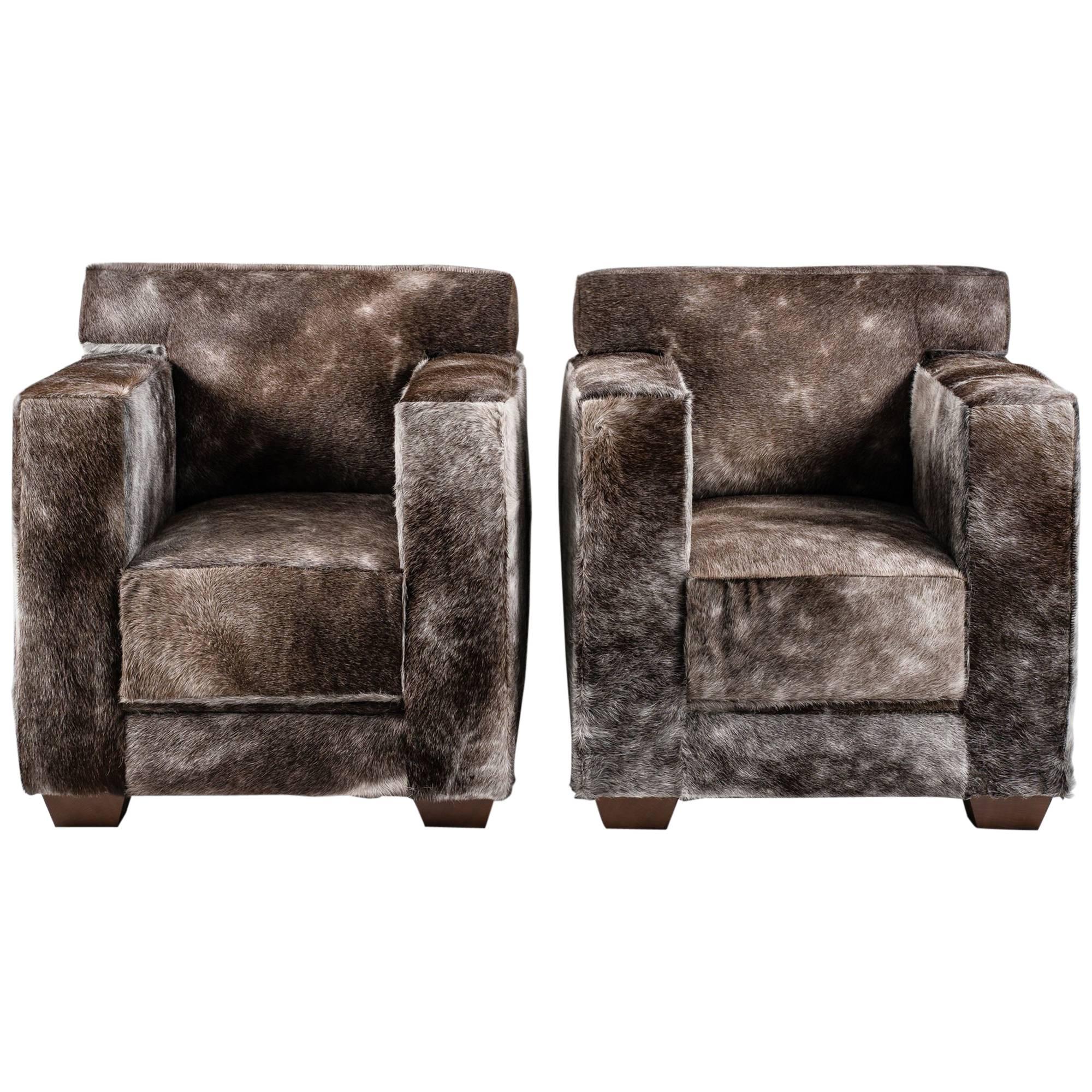 Pair of Armchairs with Horse Hide Upholstery
