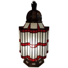 Lanterne en métal Mamounia, fabrication artisanale marocaine, verre rouge/blanc givré