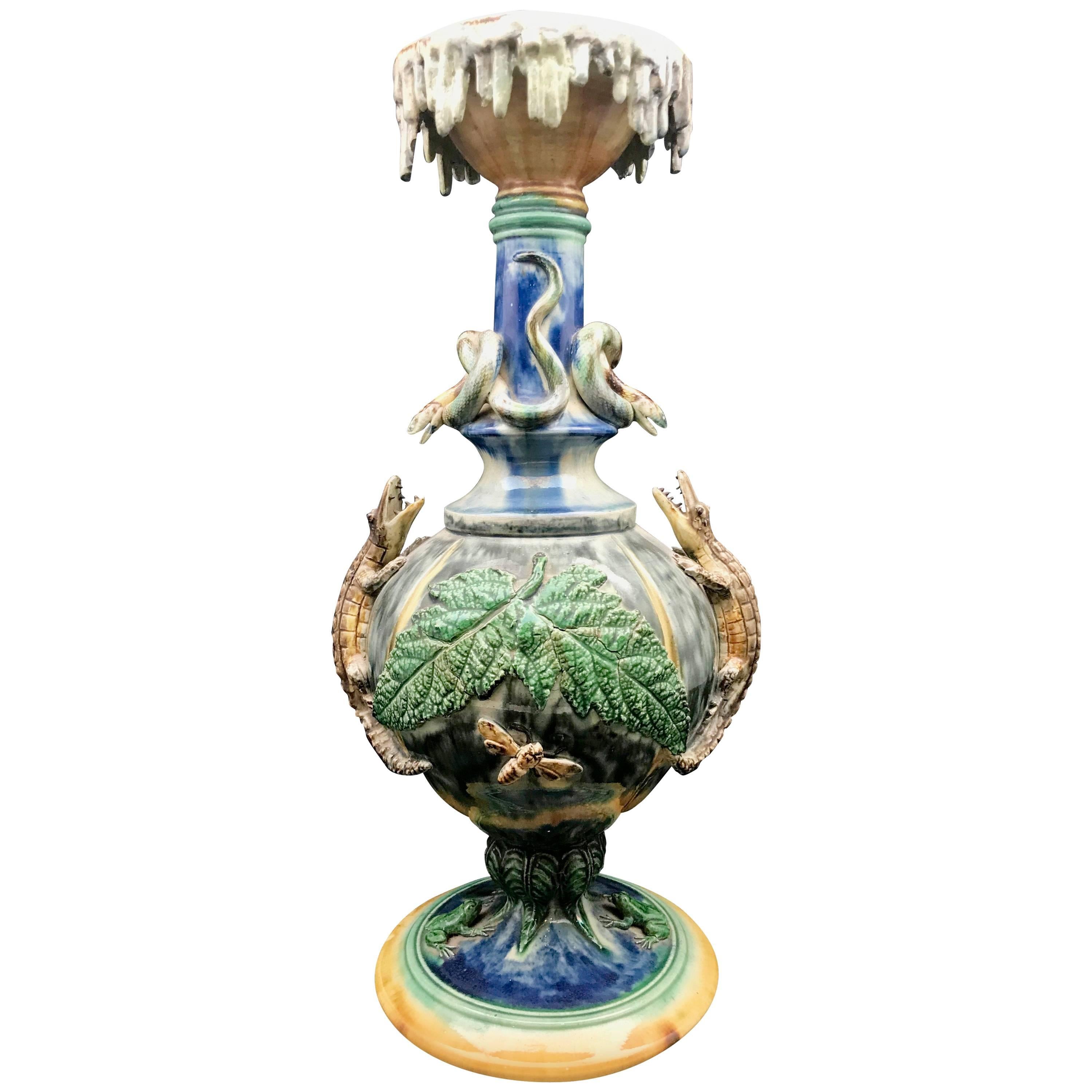 Late 19th Century Majolica Palissy Vase with Snake, Alligator Frog and Bee Decor