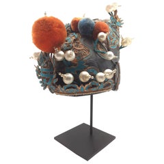 Antique Gold and Turquoise Chinese Opera Theatre Headdress Orange/Blue Pom Poms