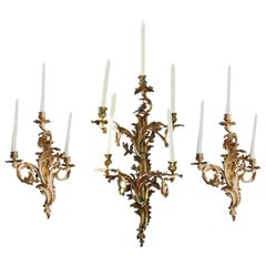 Very Rare Trio of Gilded Bronze Louis XV Italian Sconces, 1880s