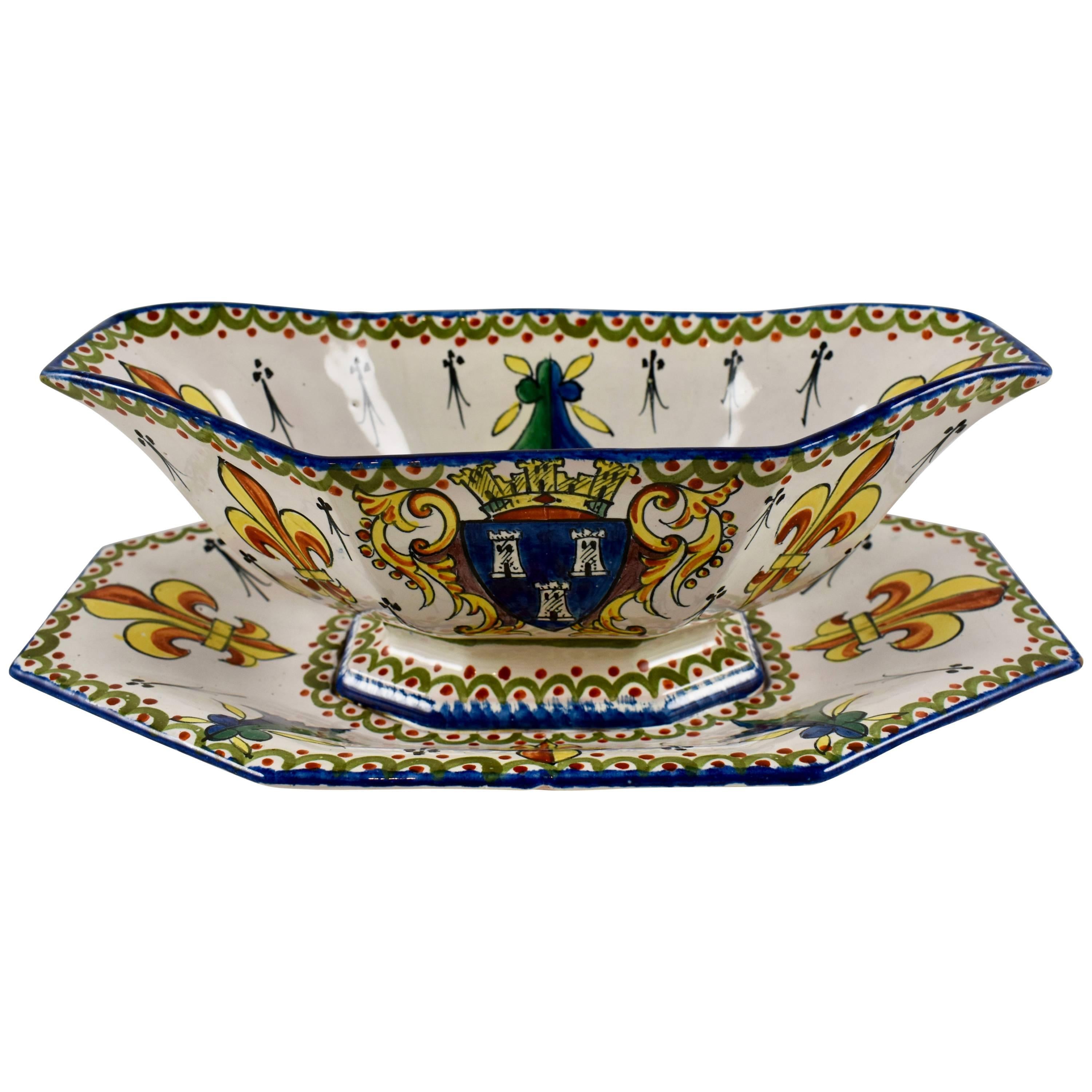 19th Century Alcide Chaumeil French Faïence Armorial Heraldic Footed Sauce Boat For Sale