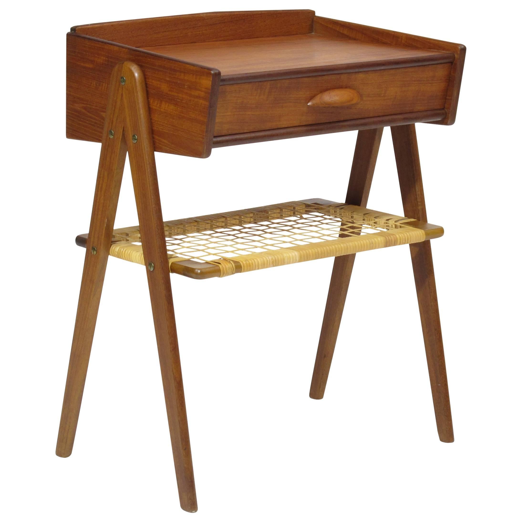 Danish Teak Side Table Nightstand with Woven Cane Shelf