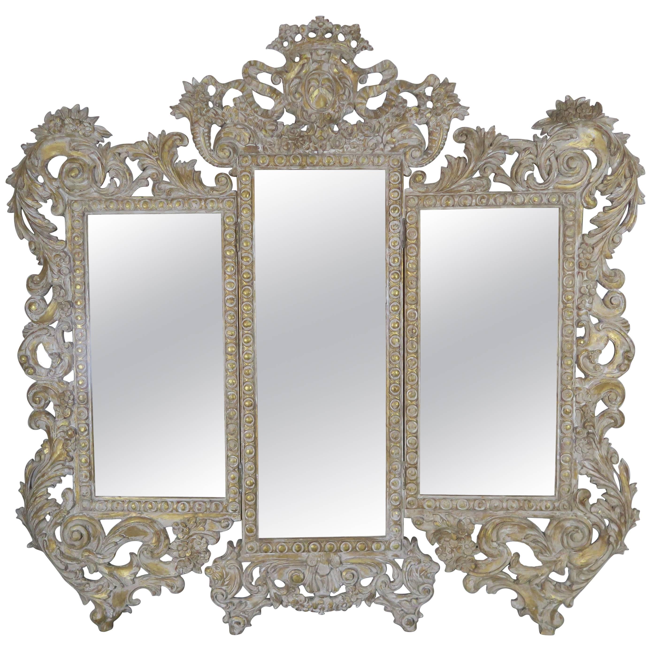 French Rococo Style Painted and Parcel-Gilt Three-Part Mirror