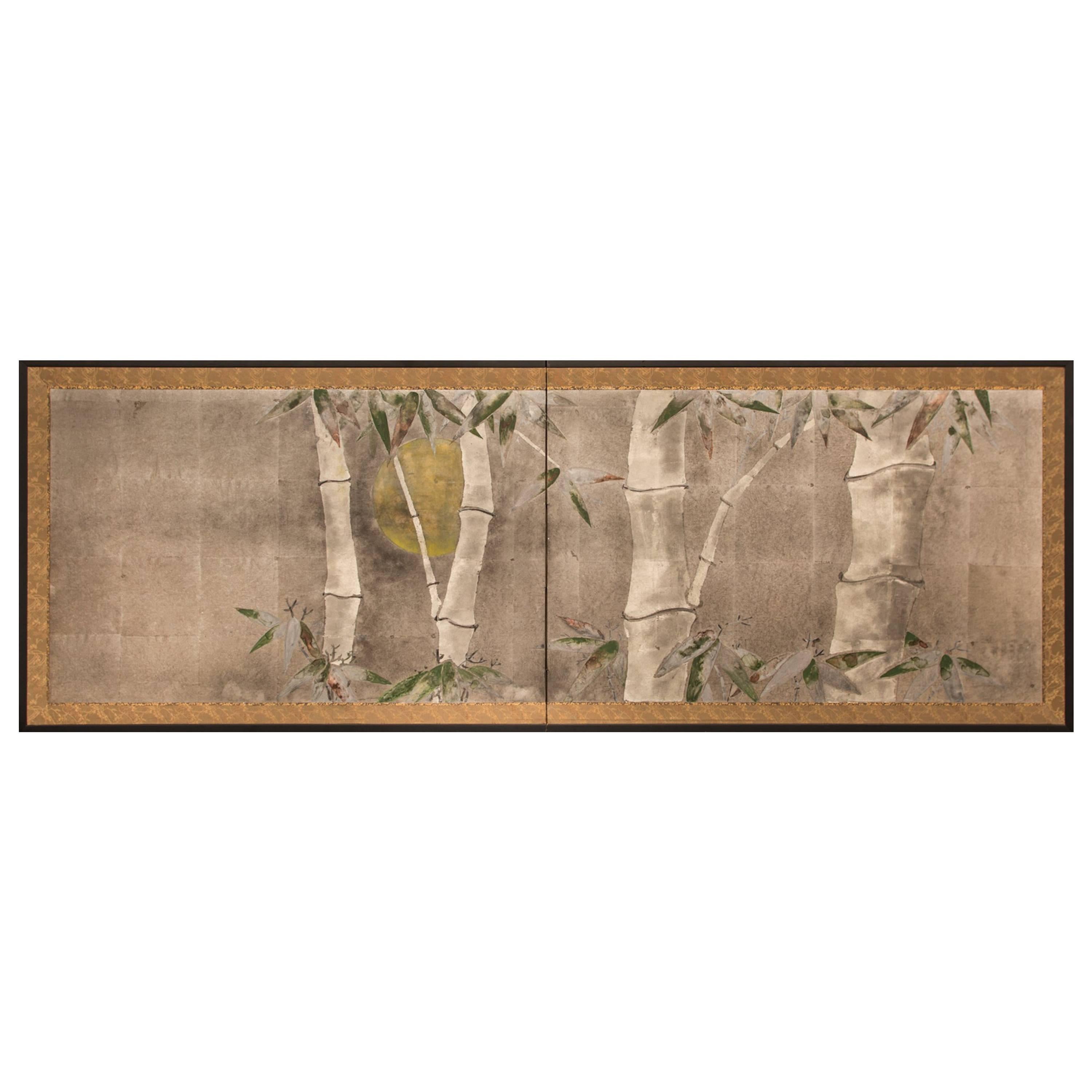 Japanese Two-Panel Screen: Bamboo in the Moonlight on Silver For Sale