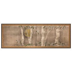 Vintage Japanese Two-Panel Screen: Bamboo in the Moonlight on Silver