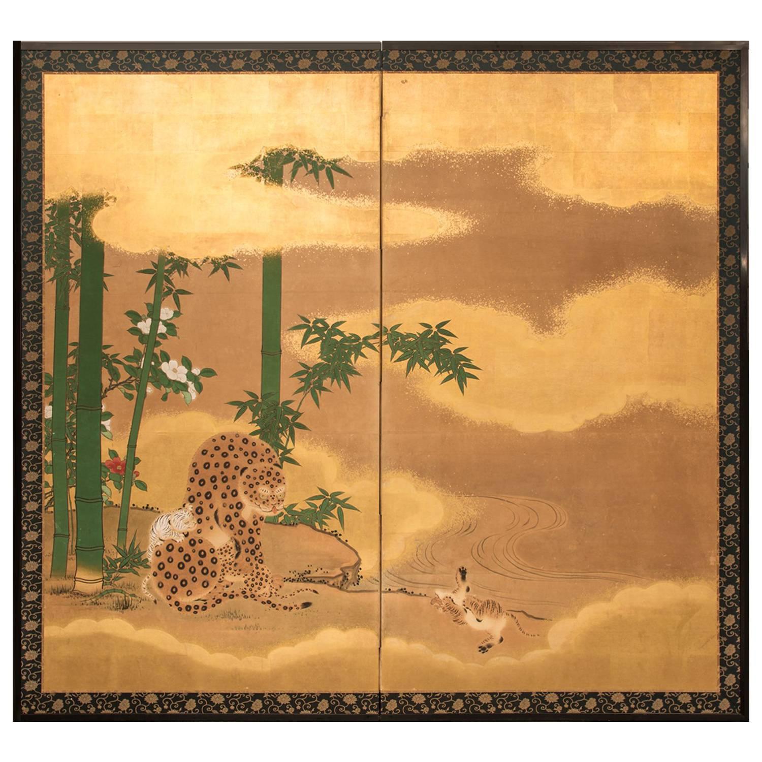 Japanese Two-Panel Screen "Leopard with Cubs" For Sale