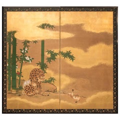 Antique Japanese Two-Panel Screen "Leopard with Cubs"