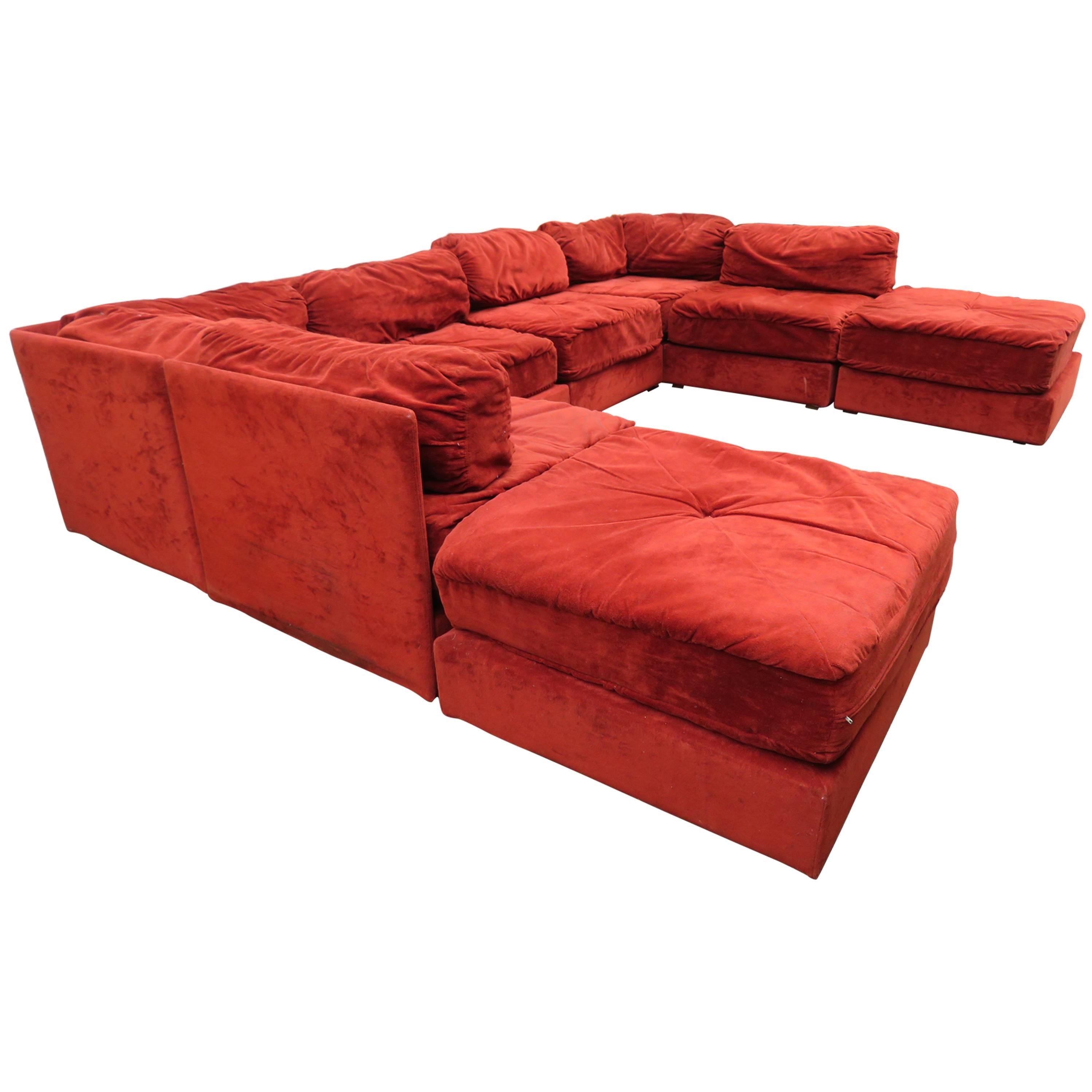 Milo Baughman Style Eight-Piece Sectional Sofa Ottoman, Mid-Century Modern
