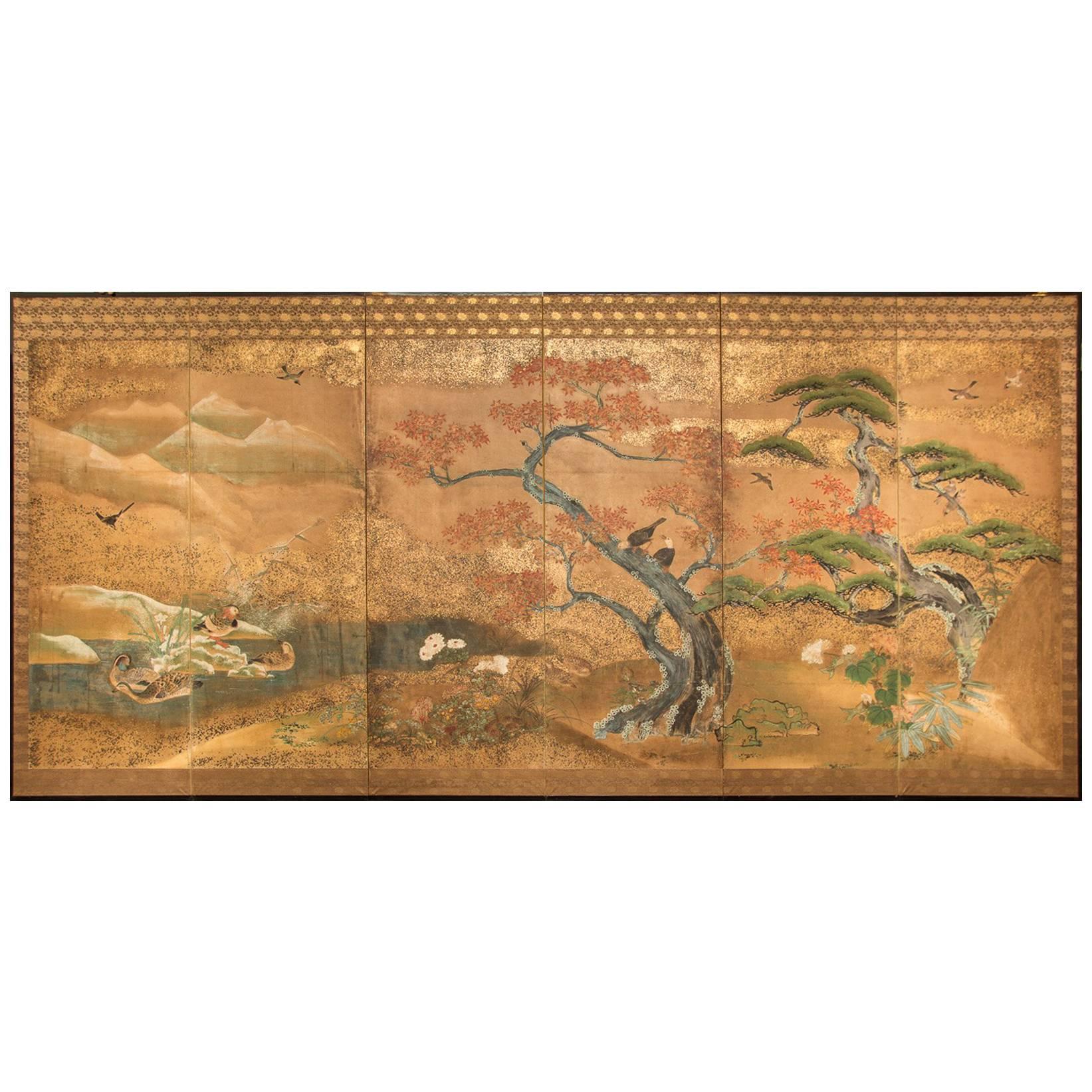 Japanese Six-Panel Screen, Audubon Landscape with Maple and Pine For Sale