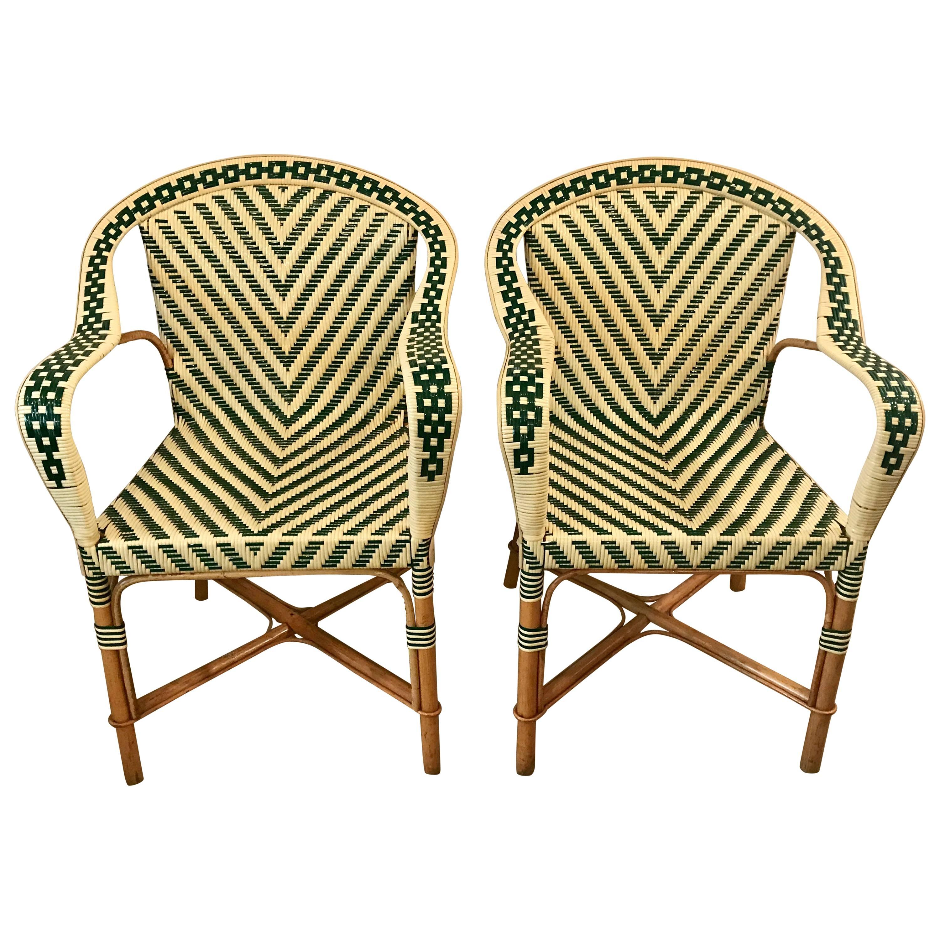 Pair of Mid Century French Armchairs, Two-Tone Wicker Rattan Chevron Pattern