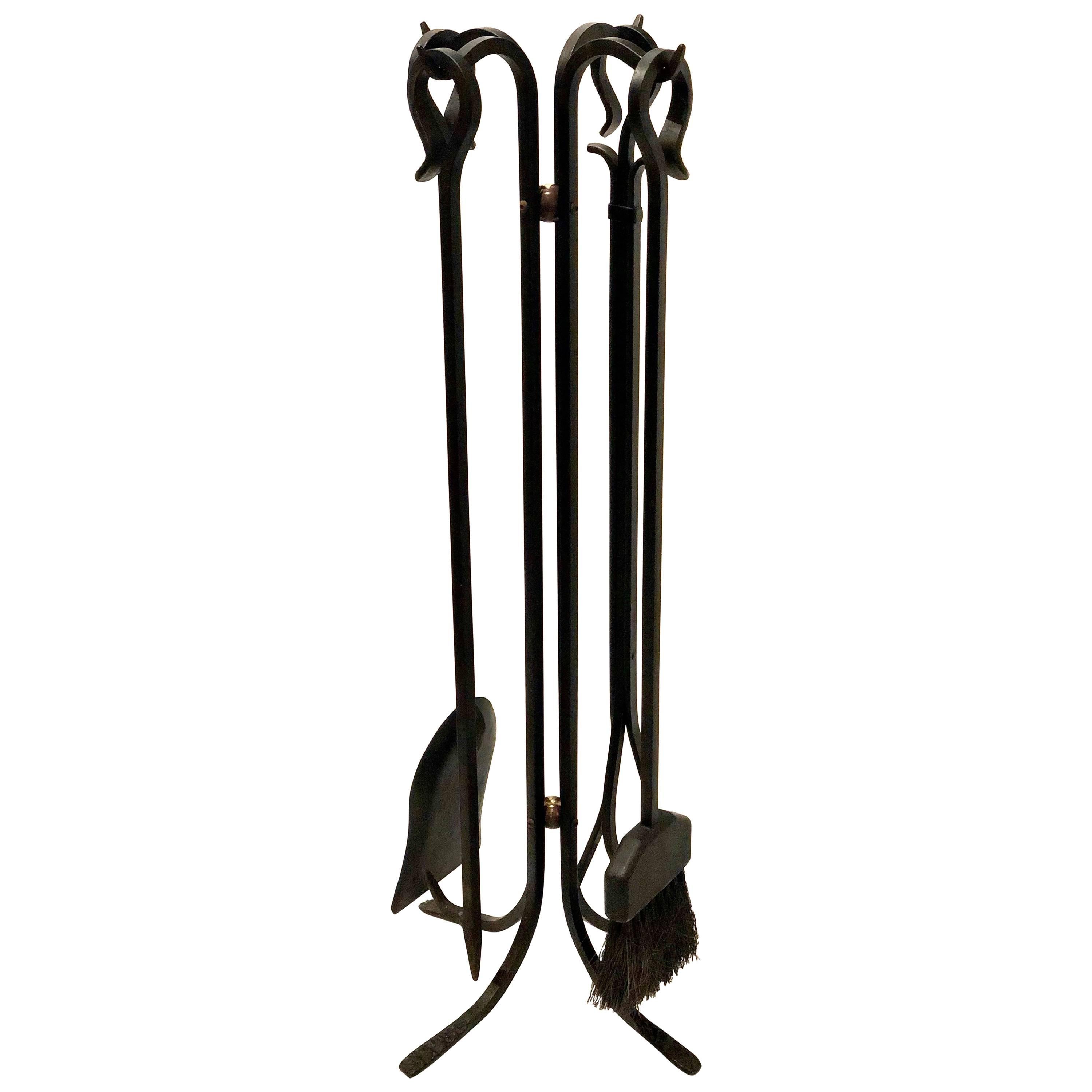 Hand-Forged Iron and Brass Fireplace Tools Set