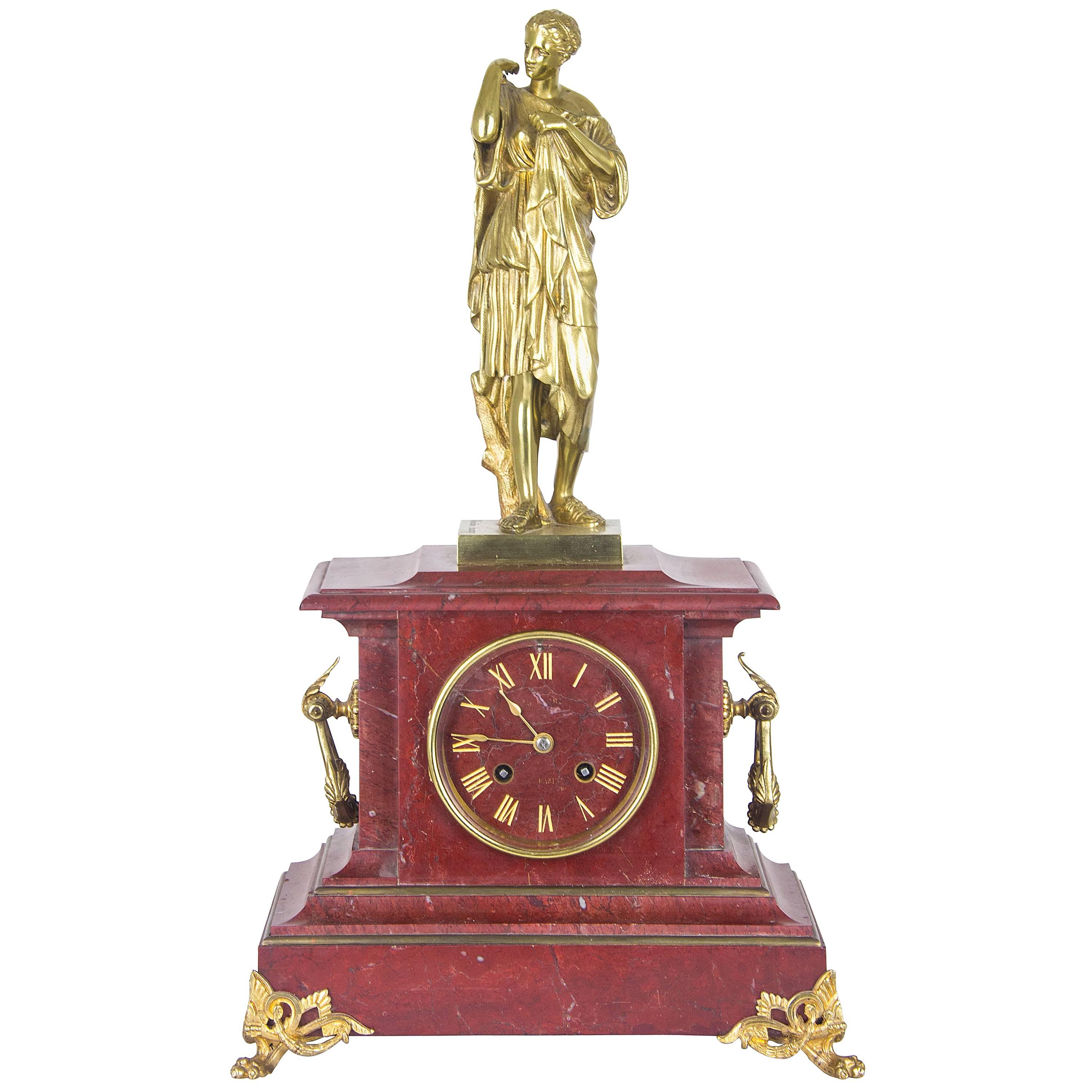 Antique Mantel Clock, French Rouge Marble Clock, Gilt Bronze Mantel Clock