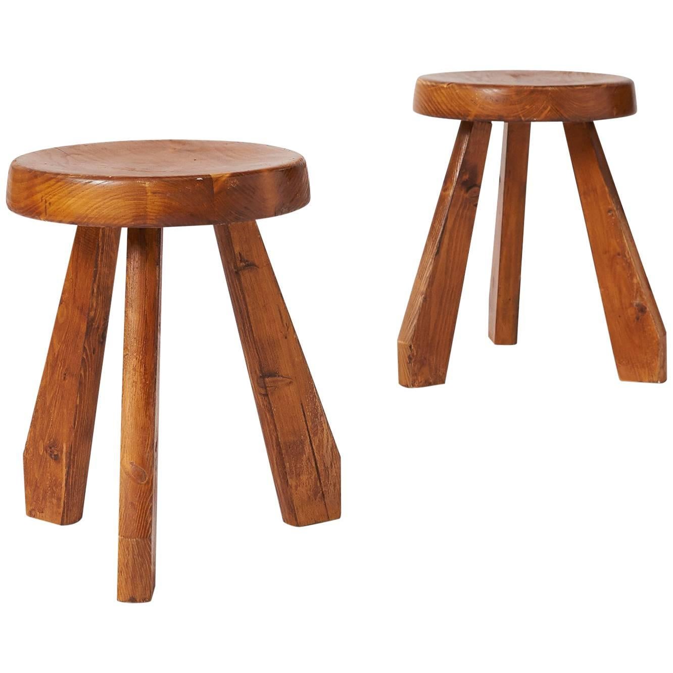 Pair of "Sandoz" Stools in Pine by Charlotte Perriand