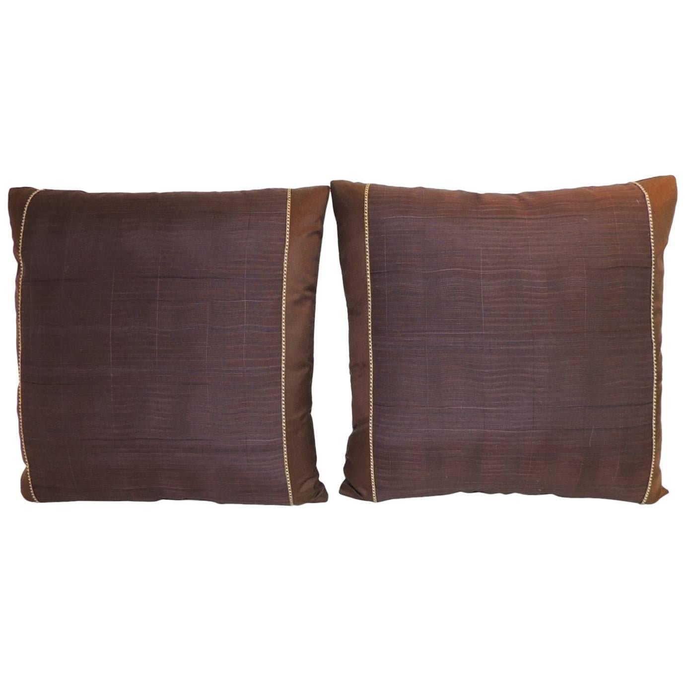 Pair of Vintage Brown and Purple Obi Woven Decorative Pillows