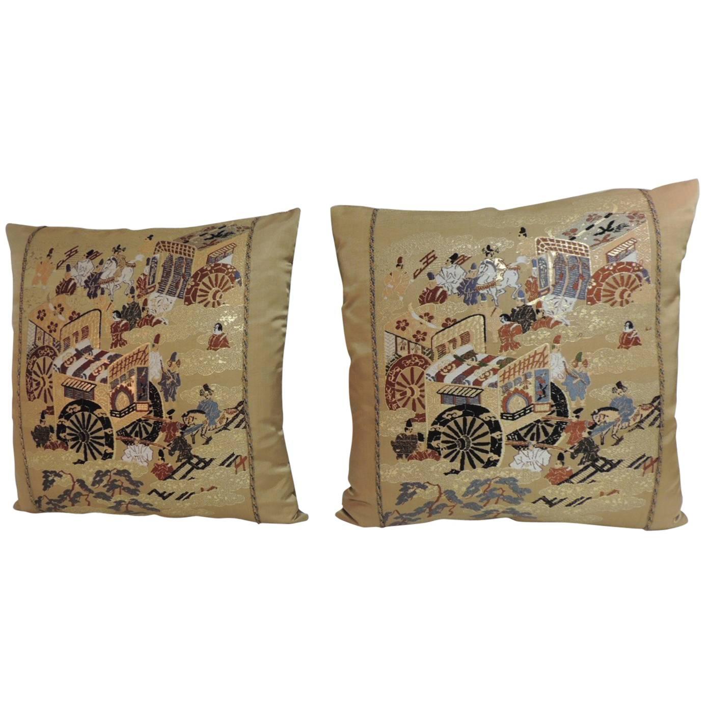 Pair of Vintage Gold Obi Woven Square Decorative Pillows