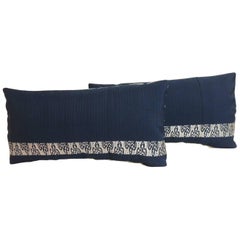 Pair of Vintage Blue and Silver Woven Obi Textiles Lumbar Pillows